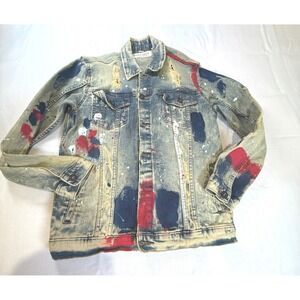 EVOLUTION IN DESIGN Distressed Denim Jacket Paint Splatter Red Blue‎ XL White